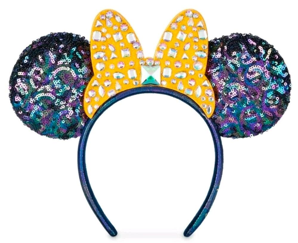 Disney Mickey Minnie Mouse Ears 50th Anniversary Blue Sequins Yellow Jeweled Bow